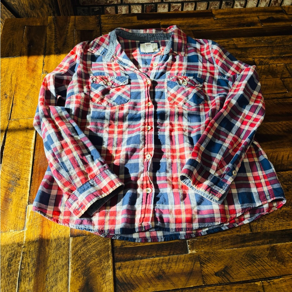 Forever 21 Women's Plaid Button Down Shirt - Red, White, Blue
